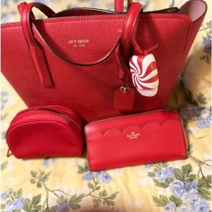 Red satchel, wallet and small bag for essentials.